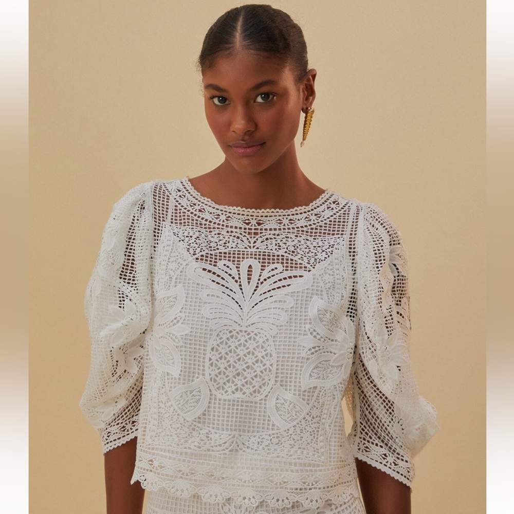 NWOT $240 FARM Rio Guipure Lace White Pineapple Crop Top Blouse Size XL
